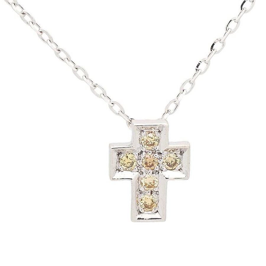 Cruces Joyería Cabranes | Cruz Y Cadena De Oro Blanco Con Diamantes Amarillos